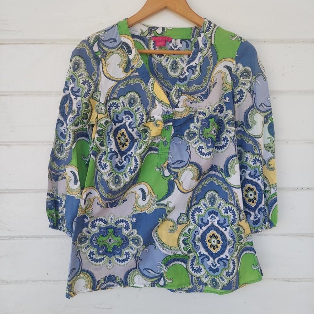Boho Peasant Style Paisley Blouse 3/4 Length Sleeves Size Large